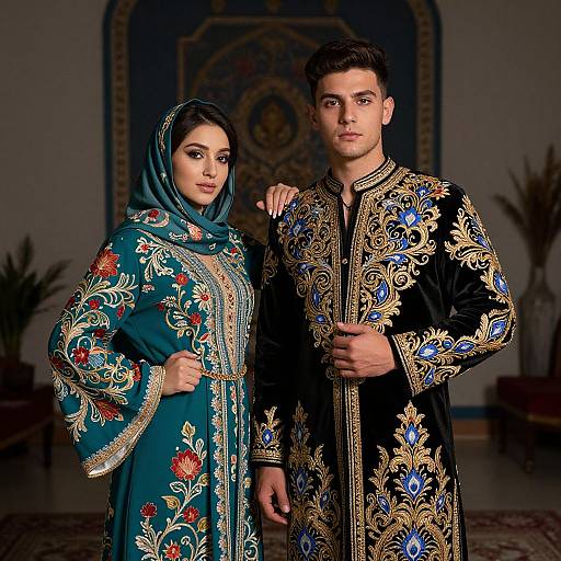 Photograph of a couple in elaborate, embroidered traditional clothing. Woman in teal with red and gold floral patterns, man in black with blue and gold designs