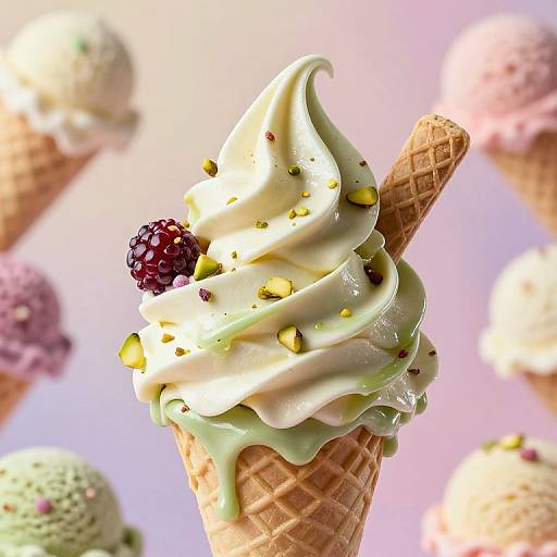 Photorealistic image of a green-swirled ice cream cone with a raspberry and nuts, surrounded by blurred pastel-colored ice cream cones.