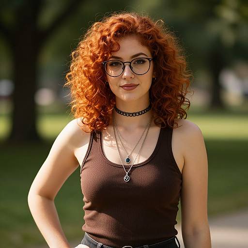 Photograph of a fair-skinned woman with curly red hair, wearing black-rimmed glasses, a black tank top, and a black choker