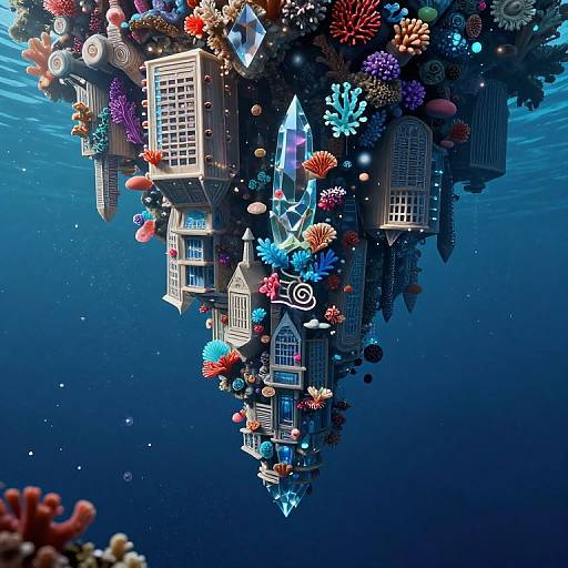Digital art: Vibrant underwater cityscape with colorful coral, seashells, and buildings, featuring a central glowing crystal and intricate architecture.