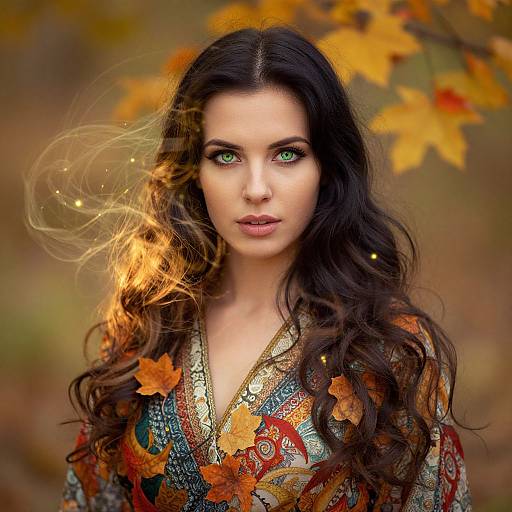 Photograph of a beautiful woman with long, wavy black hair, green eyes, and fair skin, wearing an ornate autumn-patterned robe,