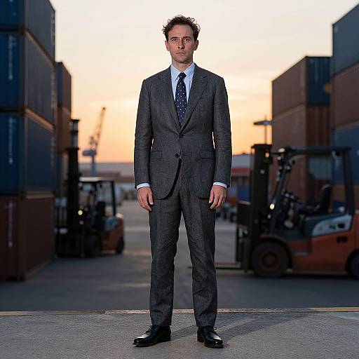 Photograph of a young white man in a gray suit, white shirt, and blue tie, standing in a warehouse with sunset background, surrounded by for