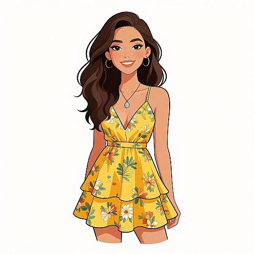 Digital illustration of a smiling woman with long dark hair, wearing a yellow floral dress with a deep V-neck and small hoop earrings, set against a plain