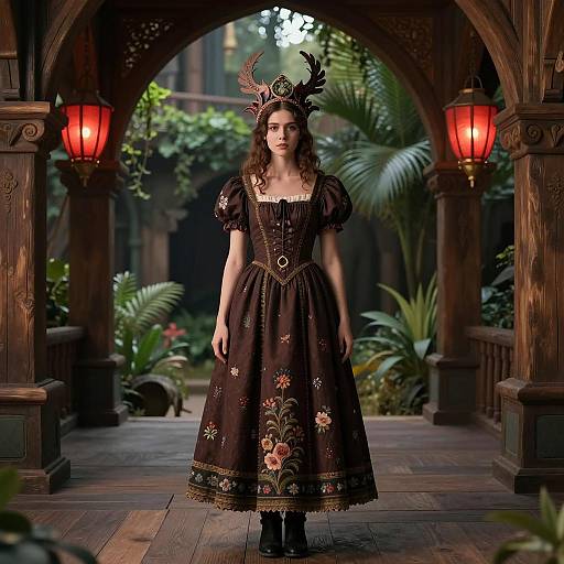 Medieval Fantasy Woman in Dark Brown Floral Dress