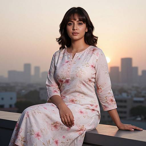 Photograph of a young South Asian woman with medium skin tone and dark wavy hair, wearing a white floral kurta, sitting on a rooftop at