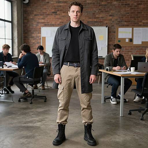 Photograph of a young man with curly brown hair, wearing a black jacket, black shirt, beige pants, and black boots, standing in a modern