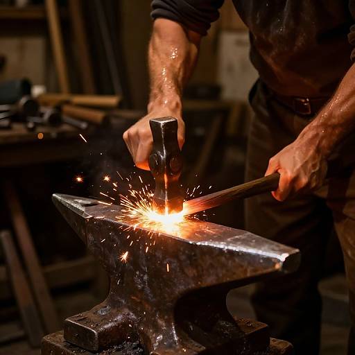 Photograph of a muscular blacksmith's hands striking a glowing, sparking anvil with a hammer in a dimly lit workshop.