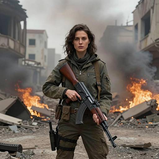 Cinematic Woman with AK-47 in Conflict Zone