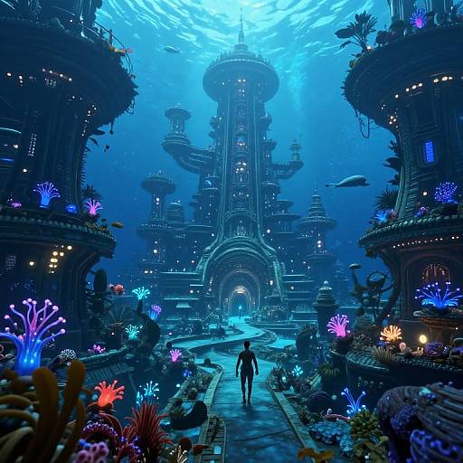 Digital art: Submerged futuristic city with glowing blue and purple bioluminescent plants, towering structures, and a lone figure walking a path beneath illuminated