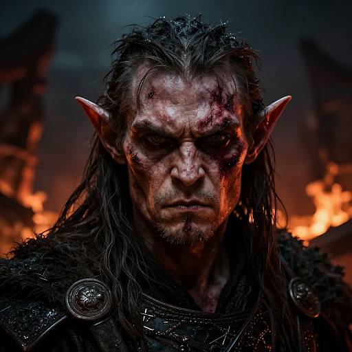 Photograph of a fierce, dark-haired, elf-like character with bloodied face, pointed ears, and grim expression, set against a fiery background.
