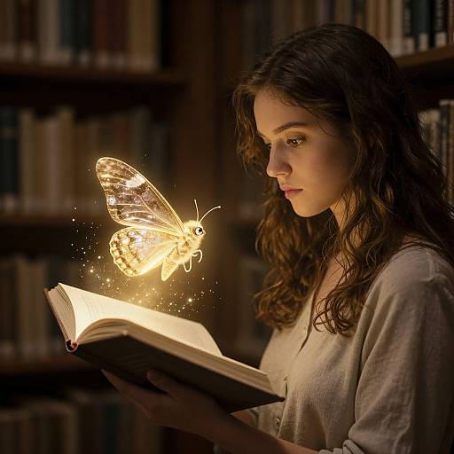 Photograph of a young woman with wavy brown hair, wearing a beige blouse, reading a book as a glowing, ethereal butterfly hovers above
