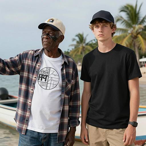 Two Men Standing by Beach with Boat