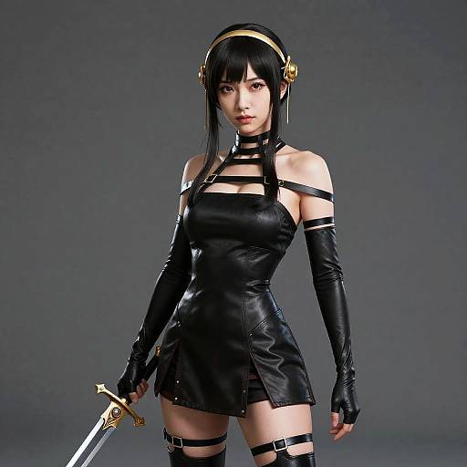 Woman in Futuristic Black Leather Suit with Sword