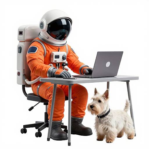 Photograph of an astronaut in an orange spacesuit with a helmet, working on a laptop, a small white dog sitting beside the desk.