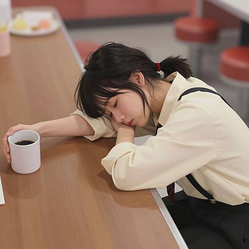 Photograph of an Asian woman with black hair in a ponytail, asleep at a wooden diner table, wearing a white shirt with black suspenders,