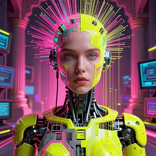 Cyberpunk portrait of a young woman with glowing neon cybernetic headgear and yellow armor, surrounded by futuristic screens in a brightly lit, high