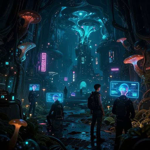 Cyberpunk cave scene: Neon-lit futuristic city with bioluminescent mushrooms, holographic screens, and silhouetted figures in dark