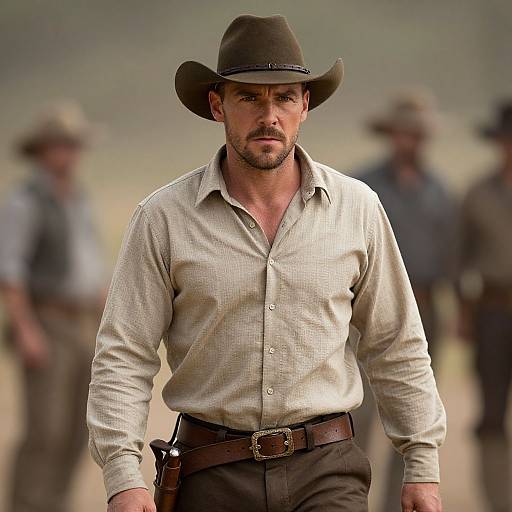 Photograph of rugged, middle-aged man in beige shirt, brown hat, and belt holster, walking forward with serious expression, blurred background of other men
