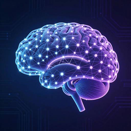Digital illustration of a glowing blue and purple brain with interconnected white dots against a dark background, resembling a neural network.