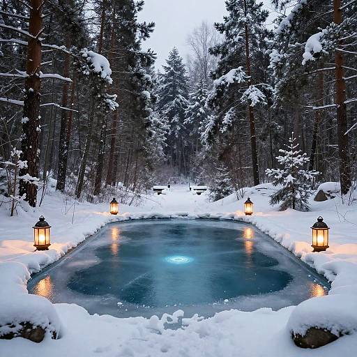 Frozen Winter Pool with Lanterns
