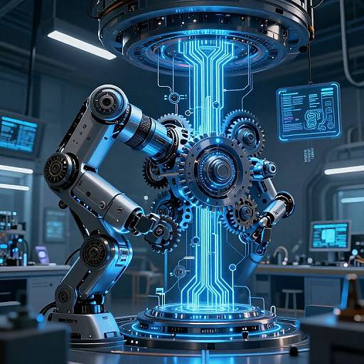 Photorealistic CGI of a futuristic robotic figure with glowing blue circuitry, metallic gears, and intricate mechanical arms in a high-tech laboratory.