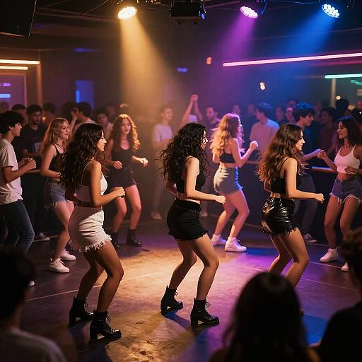 Photograph of a lively nightclub dance performance with three women in black leather shorts and crop tops, surrounded by a cheering, diverse crowd under colorful stage lights