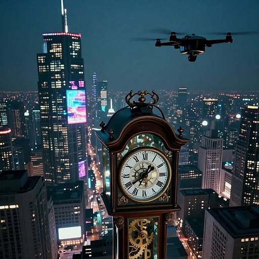 Photograph of a vintage clock tower in a neon-lit cityscape at night, with a drone flying above and skyscrapers in the background.