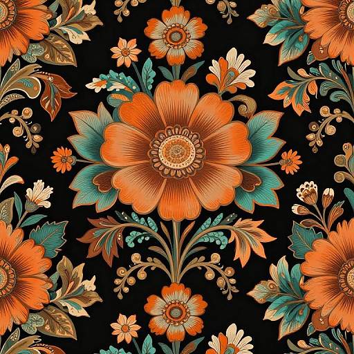Vibrant digital floral pattern with large orange flowers, teal leaves, and white accents against a black background. Bold, intricate details and symmetrical design