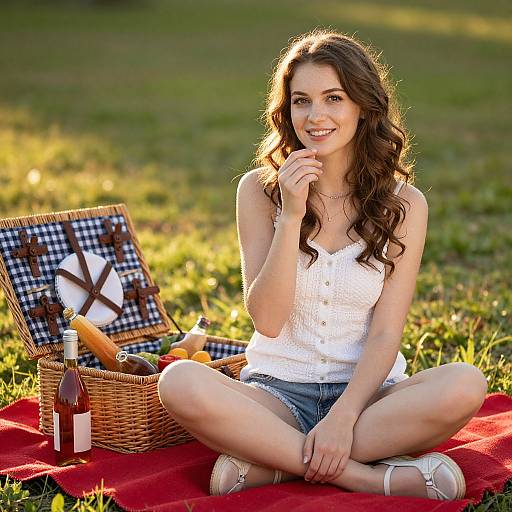 Photograph of a smiling young woman with long brown hair, wearing a white sleeveless top and denim shorts, sitting cross-legged on a red blanket,