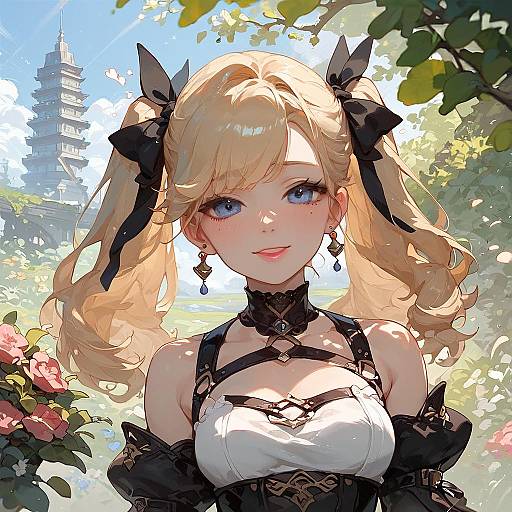 Anime-style digital illustration of a blonde girl with blue eyes, black ribbons in twin pigtails, wearing a white and black corset, standing