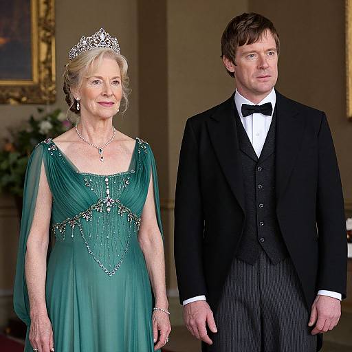 Photograph of an elderly woman in a green, beaded gown with tiara, and a young man in black tuxedo and bow tie,