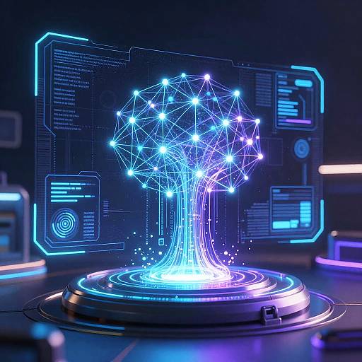 Digital CGI of a glowing blue neon tree with star-like lights, centered on a futuristic, illuminated circular platform, against a dark, tech-themed background with