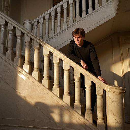 Photograph of a young man with curly brown hair, wearing a black long-sleeve shirt, standing on a sunlit, beige wooden staircase,