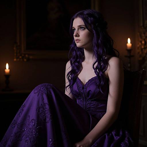 Photograph of a pale-skinned woman with long, wavy black hair, wearing an elaborate, dark purple, lace-embroidered gown,