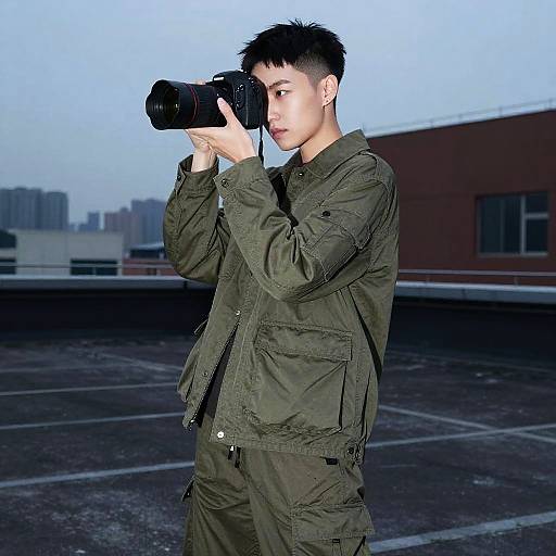 Photograph of a young Asian man with short black hair, wearing a green military-style jacket and pants, holding a camera, standing on a rooftop with