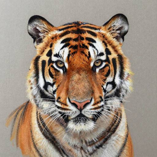 Photorealistic digital painting of a tiger's head, front view, with intense yellow eyes, orange fur, black stripes, and white accents, against