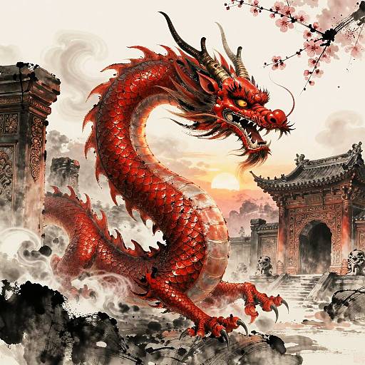 Red Asian Dragon at Temple Ruins