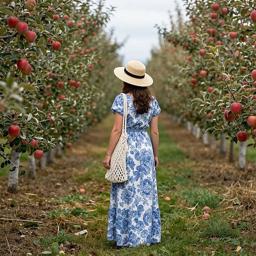 Photograph: Woman in blue floral dress, straw hat, white bag, stands in apple orchard, back facing camera, surrounded by red apples.