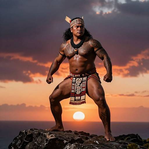 Muscular Black man with tribal tattoos, headband, and loincloth stands on rocky cliff during sunset, orange sky, and dark clouds. Phot