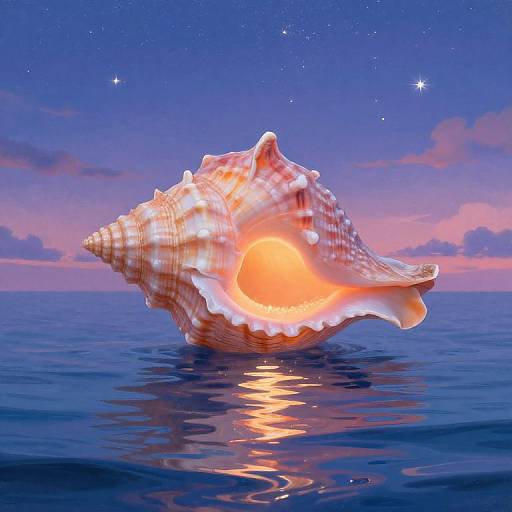 Photorealistic digital art of a glowing, orange-hued seashell floating on calm ocean water at twilight, with a starry, pink-h