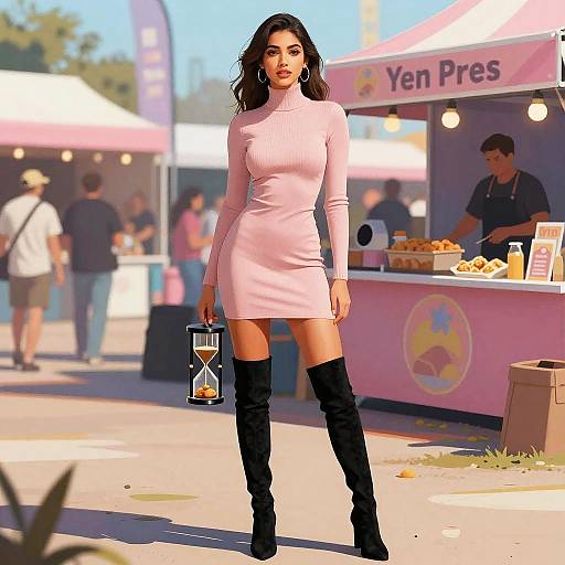 Digital artwork of a confident woman with dark hair, wearing a pink turtleneck mini dress and black thigh-high boots, holding a glass hourglass,