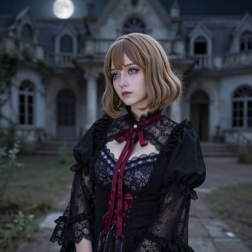 Photograph-style digital art of a pale-skinned woman with short, light brown hair, wearing a black lace gothic dress with red ribbon, standing