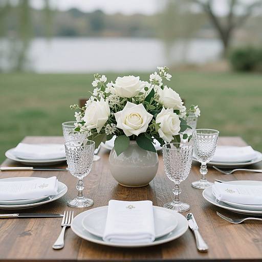 Photograph of a wooden table set with white plates, crystal glasses, white rose floral centerpiece, and utensils, outdoors by a lake.