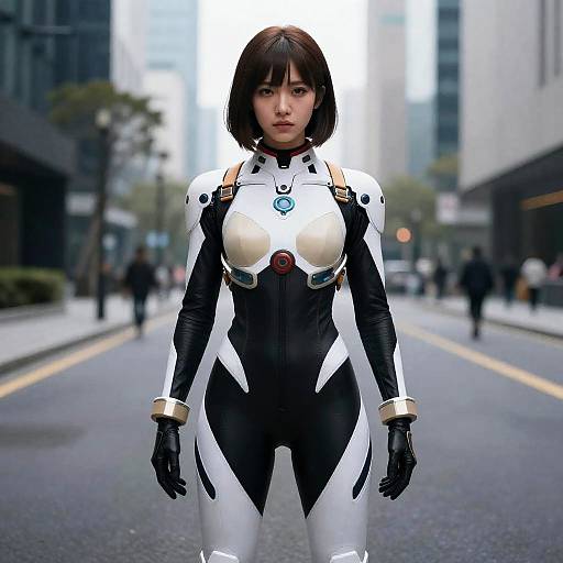 Photorealistic CGI of an Asian woman with short black hair, wearing a white and black futuristic bodysuit, standing on a city street with blurred