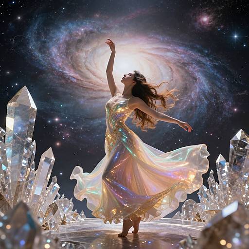 Photorealistic digital artwork of a dancing woman in a shimmering, iridescent dress, surrounded by glowing crystals, with a swirling galaxy and sun