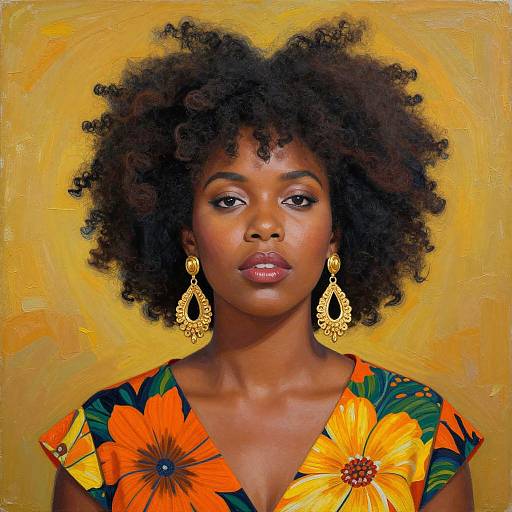 Digital portrait of a beautiful African woman with dark curly hair, wearing gold teardrop earrings and a vibrant orange floral dress, set against a yellow background