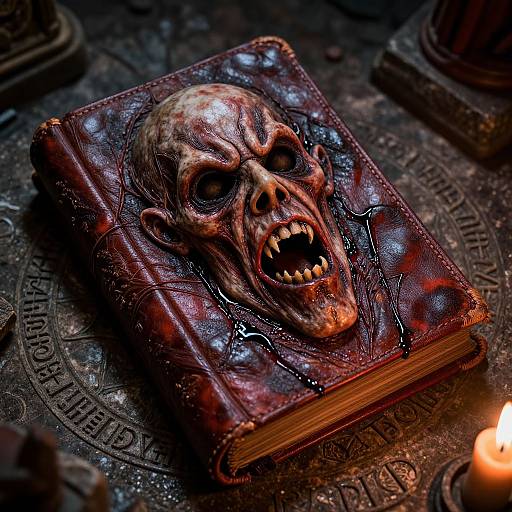 A dark, detailed photograph of a leather-bound book with a grotesque, screaming skull embossed on the cover, set on a metallic, engraved surface