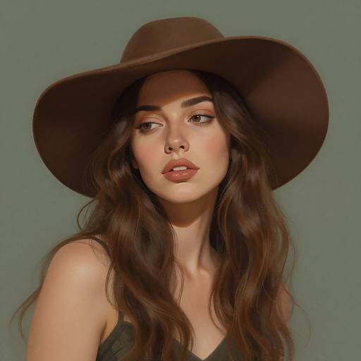 Photograph of a young woman with long, wavy brown hair, wearing a large brown hat and black top, against a green background, with soft