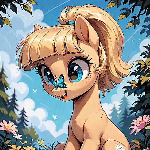 Cute Earth Pony with Butterfly on Nose