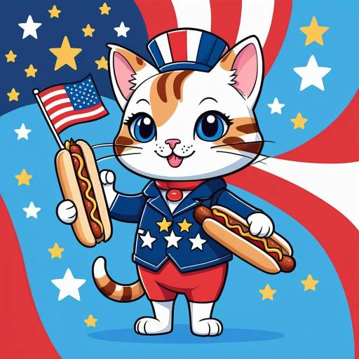 Patriotic Cartoon Cat with Hotdog